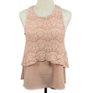 Monteau M Blush Pink Floral Lace Overlay Top Tiered Sleeveless Blouse Coquette
